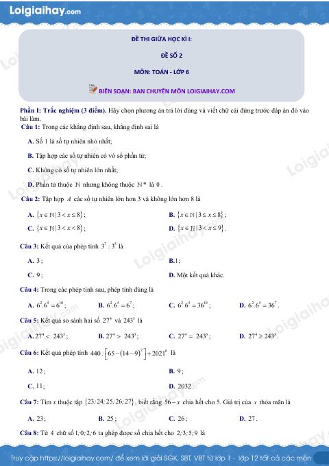 Đề thi giữa kì 1 Toán 6 - Đề số 2